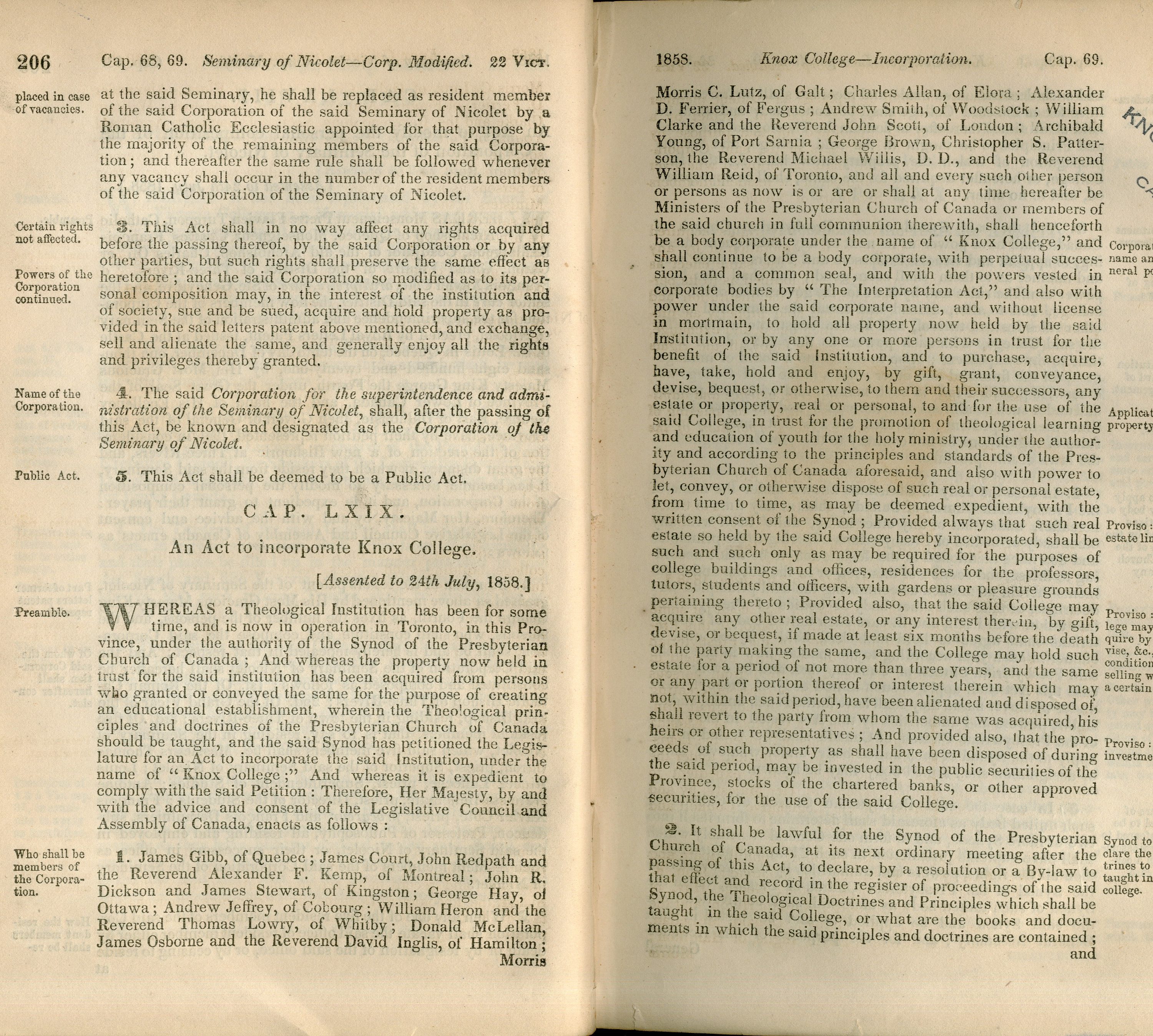 The Act of Incorporation, 1858, making the Constitution of Knox legal