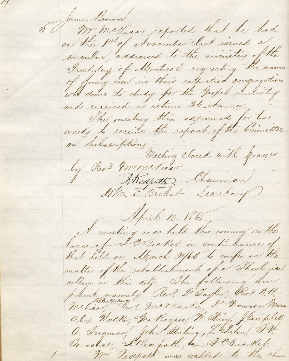 A letter regarding the Constitution of the College, 1865 discussion on the College.