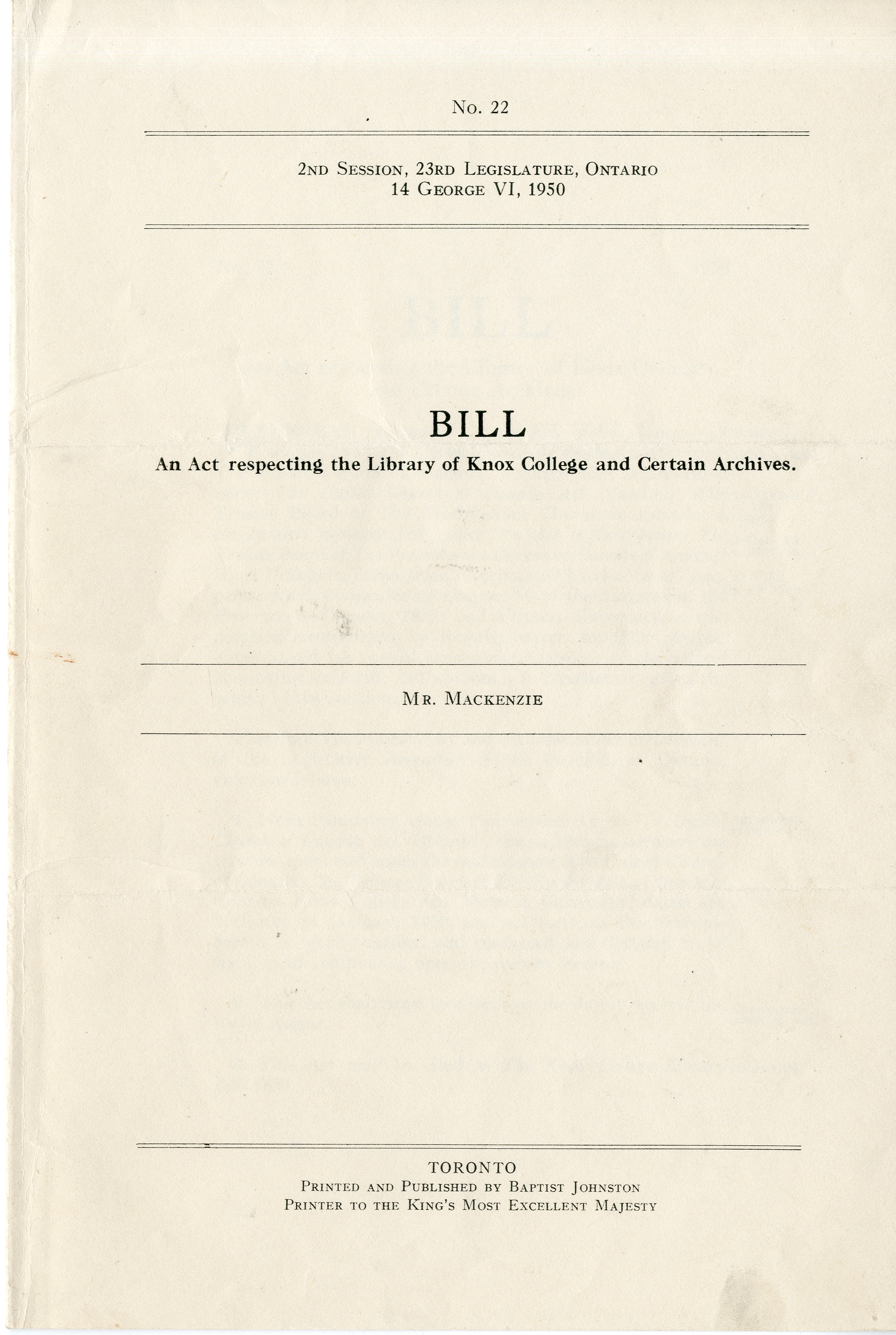 The 1950 Bill awarding the Caven Library back to Knox College
