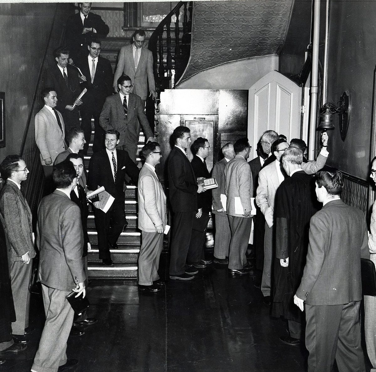 Students waiting for class in the old building