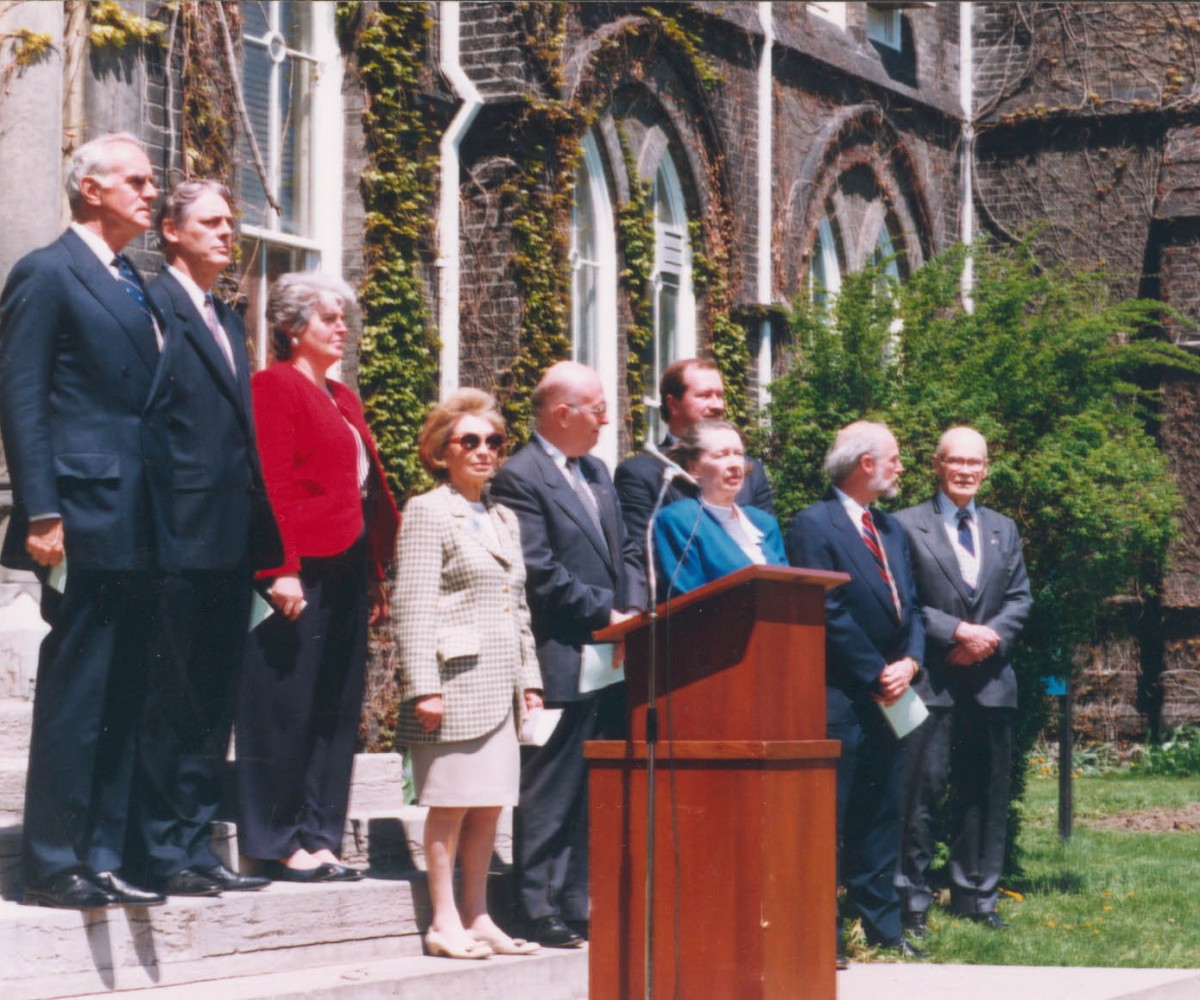 Dignitaries attending the historical plaque unveiling for Knox College, among those in this picture are, Hal Jackman the former Lieutenant Governor, Barbara Hall, former mayor of Toronto, and Art Van Seters, the Principal of the College at the time.