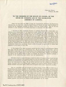 A memorandum published by members of the Alberta branch of the Presbyterian Church Committee Identifying many of the issues raised by the prospect of church union.